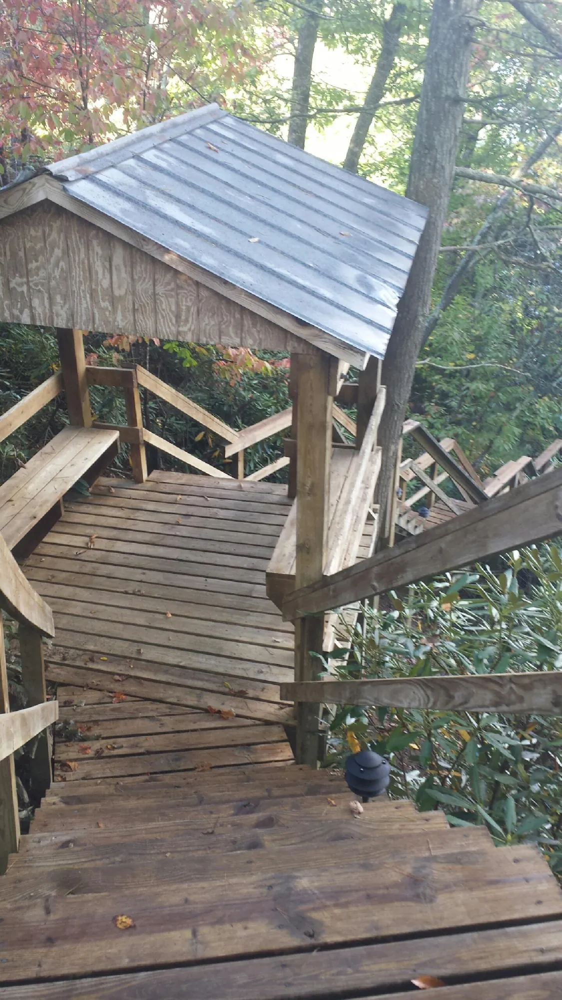 Metal roofed shelter over wooden steps on a wooded walkway — Skylight Repair & Installation work by our crew in Middleville